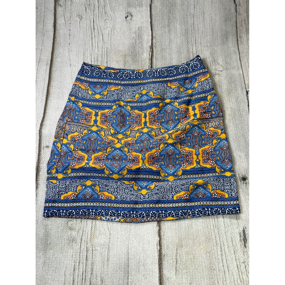 Tommy Bahama Mini Skirt Womens 6 Blue Yellow Paisley Boho Resortwear Linen blend